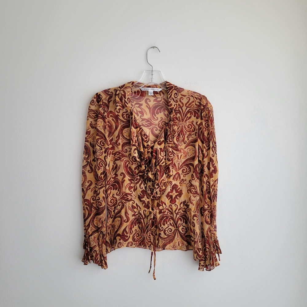 DIANE vonFURSTENBERG Brown Vintage Printed Flounce Ruffle Silk Semi Sheer Blouse